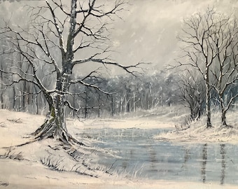 Snowscape Original oil painting, winter snow winter landscape frozen scene
