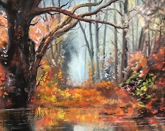 Autumn colours, original watercolour artwork Autumn woods in brilliant sunlight