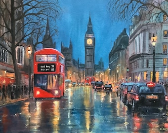 Streets of London Big Ben original watercolour painting Red bus and black cabs