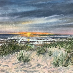 Kustscène Zandduinen en kust originele aquarel zonsondergang zonsondergang