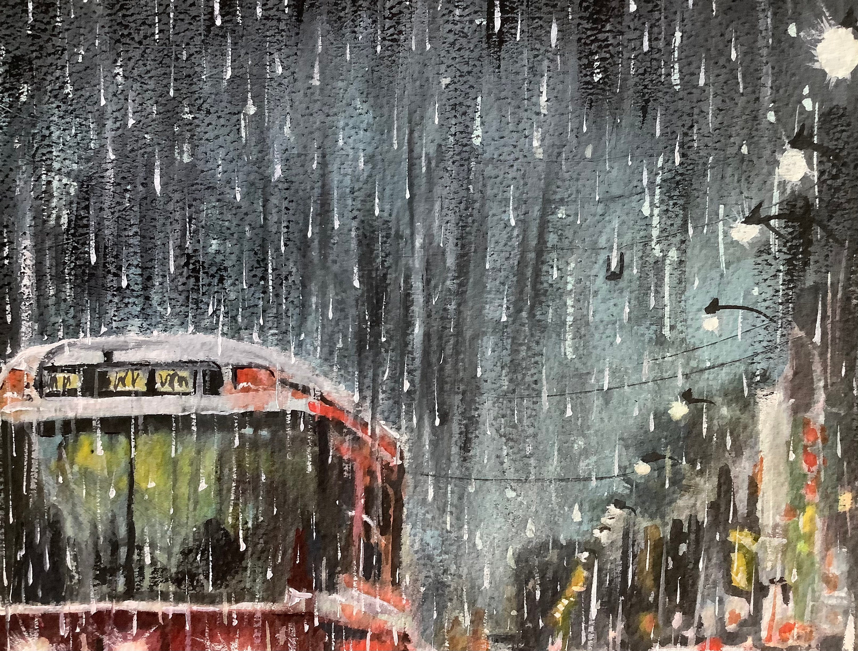 都市風景 水彩画 トラム 夜雨のトラム” 雨の富山地方鉄道 透明水彩画 夜雨の中疾走する