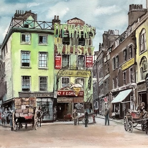 Original Aquarell Gemälde Old London Szene 1890 geschäftiges Straßenleben Stadt Kunstwerk