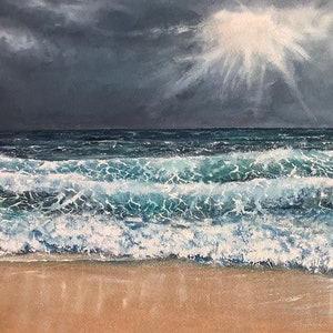Seascape sun through Storm cloud’s waves on the sandy beach original watercolour painting