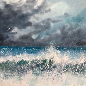 Seascape Sea Spray dark stormy sky rough waves original watercolour painting