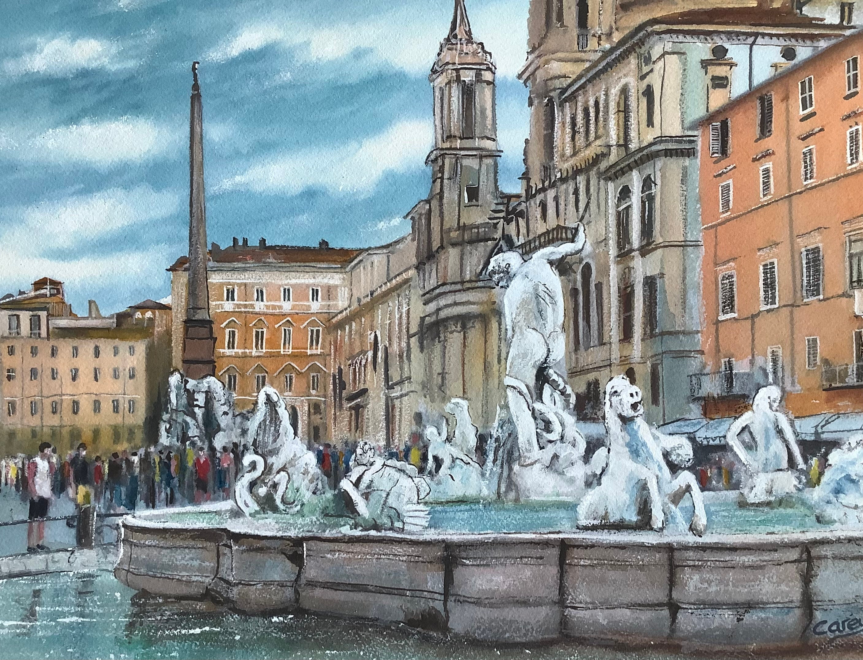 Rome Fountain of Neptune Original Watercolour Painting Italy