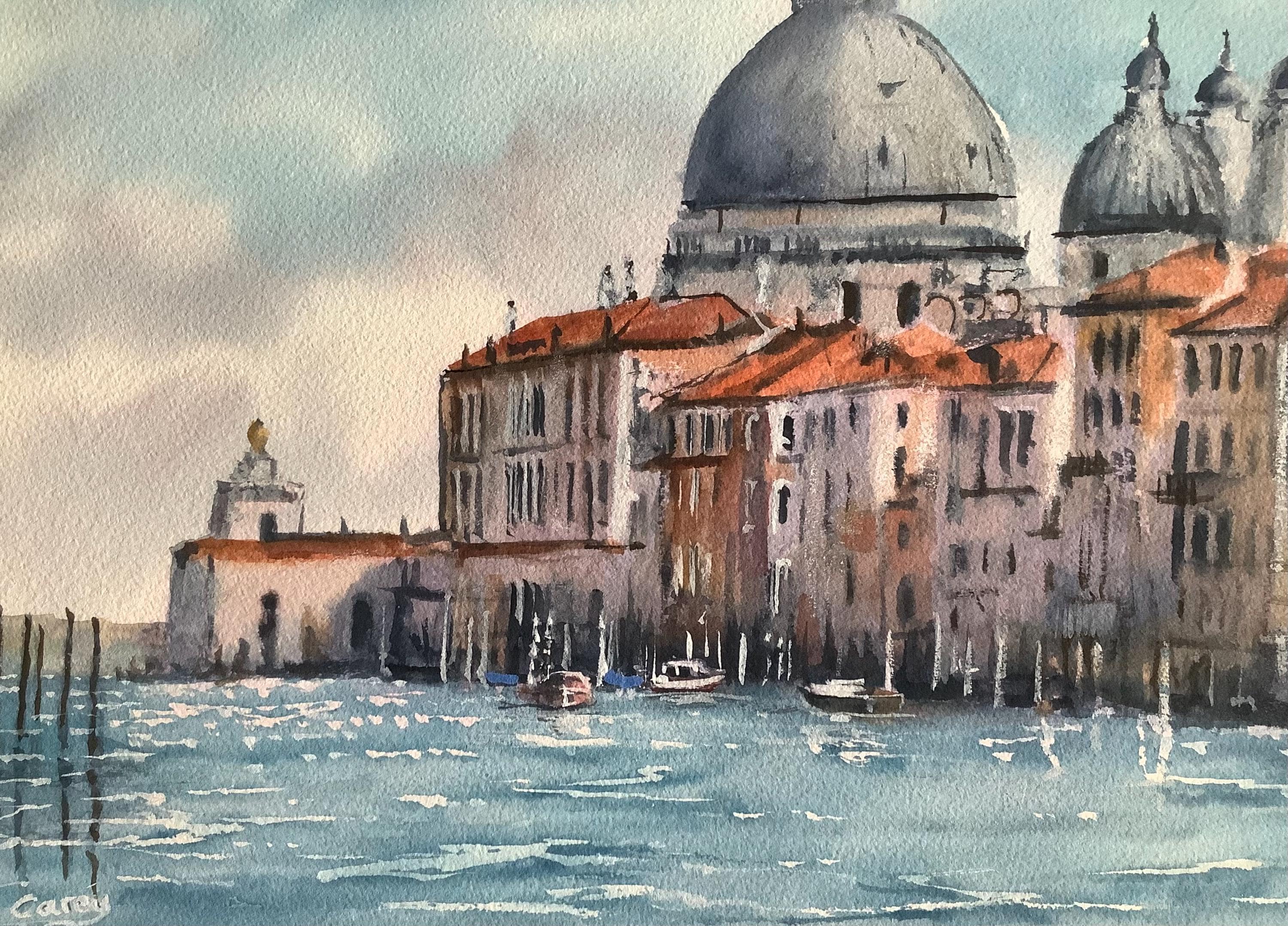 オリジナル水彩画 ヴェネツィア大運河 イタリア、サンタ・マリア