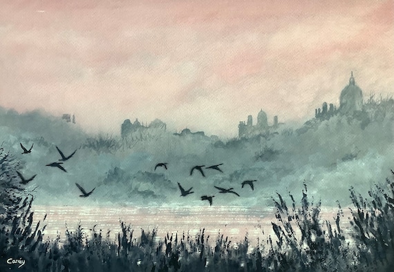 風景画の水彩画 霧のかかった朝の鳥の飛翔 オリジナル水彩画 - Etsy 日本