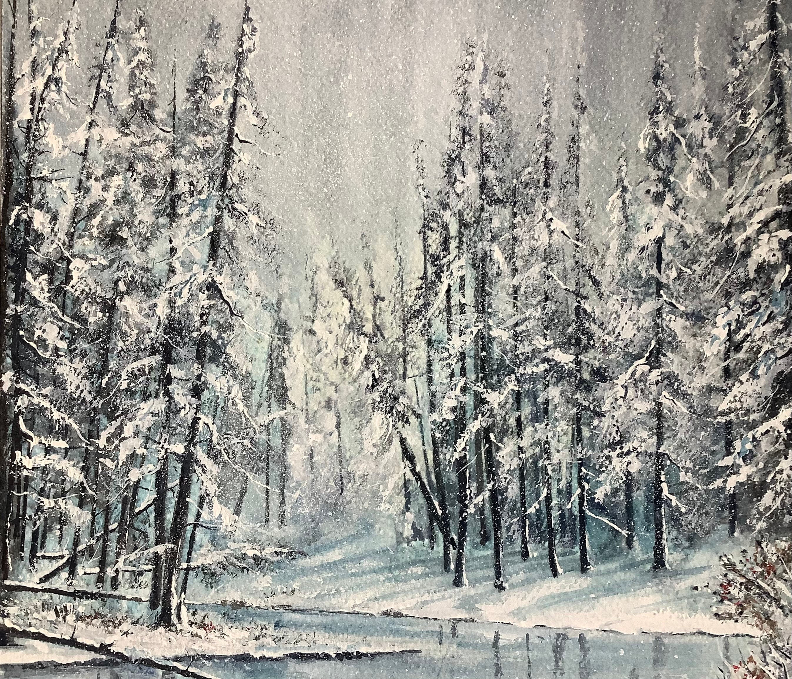 冬の風景 オリジナル水彩画 冬の水彩画 雪景色 木々 凍った川 - Etsy 日本