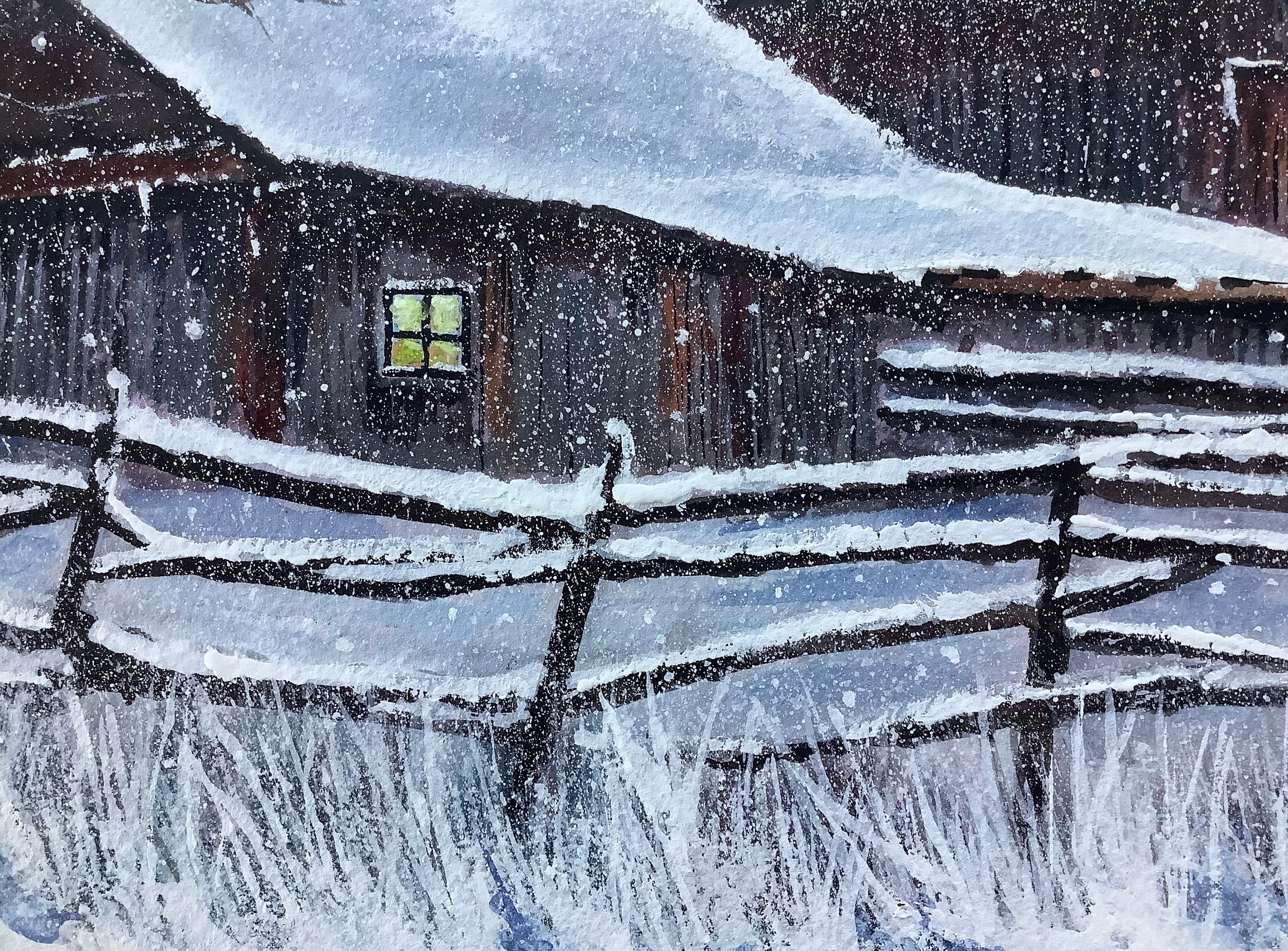 Winter Scene Shelter Original Watercolour Painting Old Barn Snow Scene ...