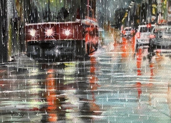 バーゲンで トロント・レイン・トラムの雨の街並みのオリジナル水彩画 絵画