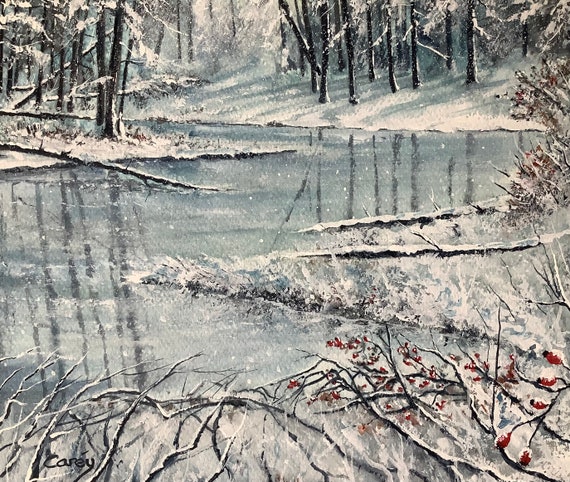 冬の風景 オリジナル水彩画 冬の水彩画 雪景色 木々 凍った川 - Etsy 日本