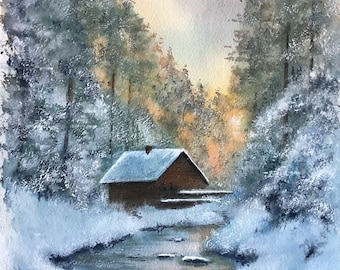 雪に覆われた田舎の夕焼けの風景のオリジナル絵画、雪の中の冬の家の