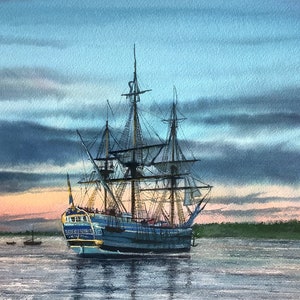 Oryginalny obraz akwarelowy Żaglówka, pejzaż morski, stary żaglowiec o zachodzie słońca