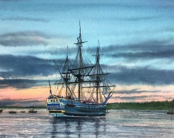 Pintura original en acuarela. Paisaje marino con velero antiguo al atardecer.