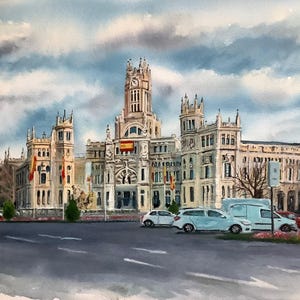 Original watercolour painting Cybele Palace, Madrid Spanish city scene