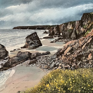 Original Seascape Kynance cove beach scene Cornwall original watercolour painting