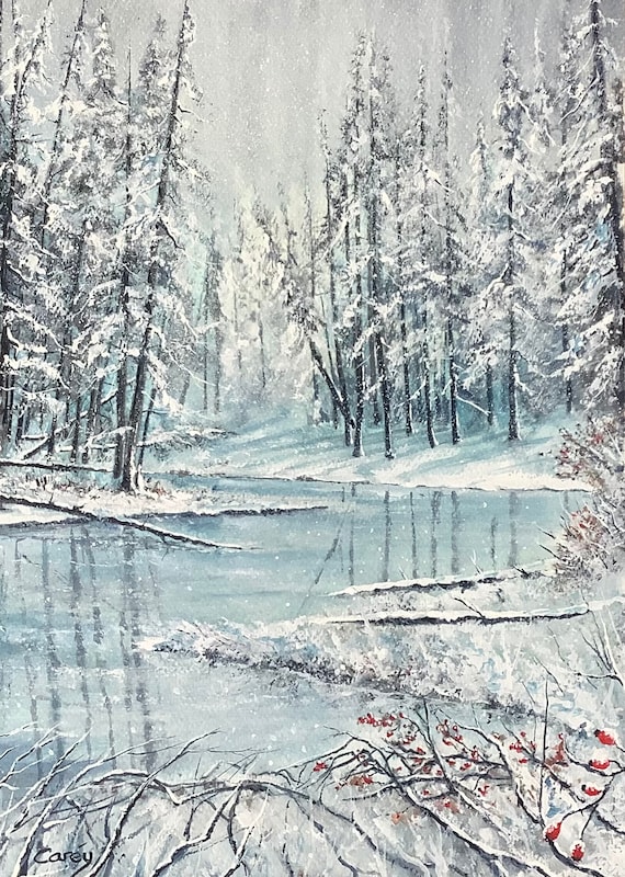 冬の風景 水彩画 冬の風景 オリジナル水彩画 冬の水彩画 雪景色 木々 凍った川 - Etsy 日本