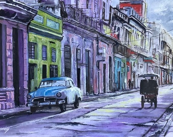 Havana in morning light, original watercolour painting streets people cars