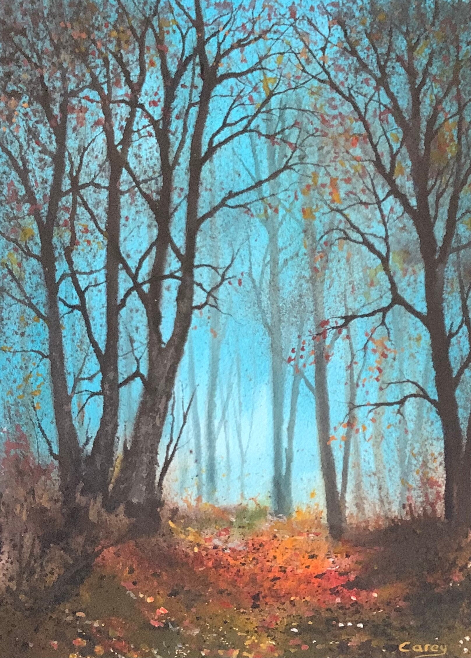 Autumn scene original watercolour painting falling leaves, reds orange cold blue sky