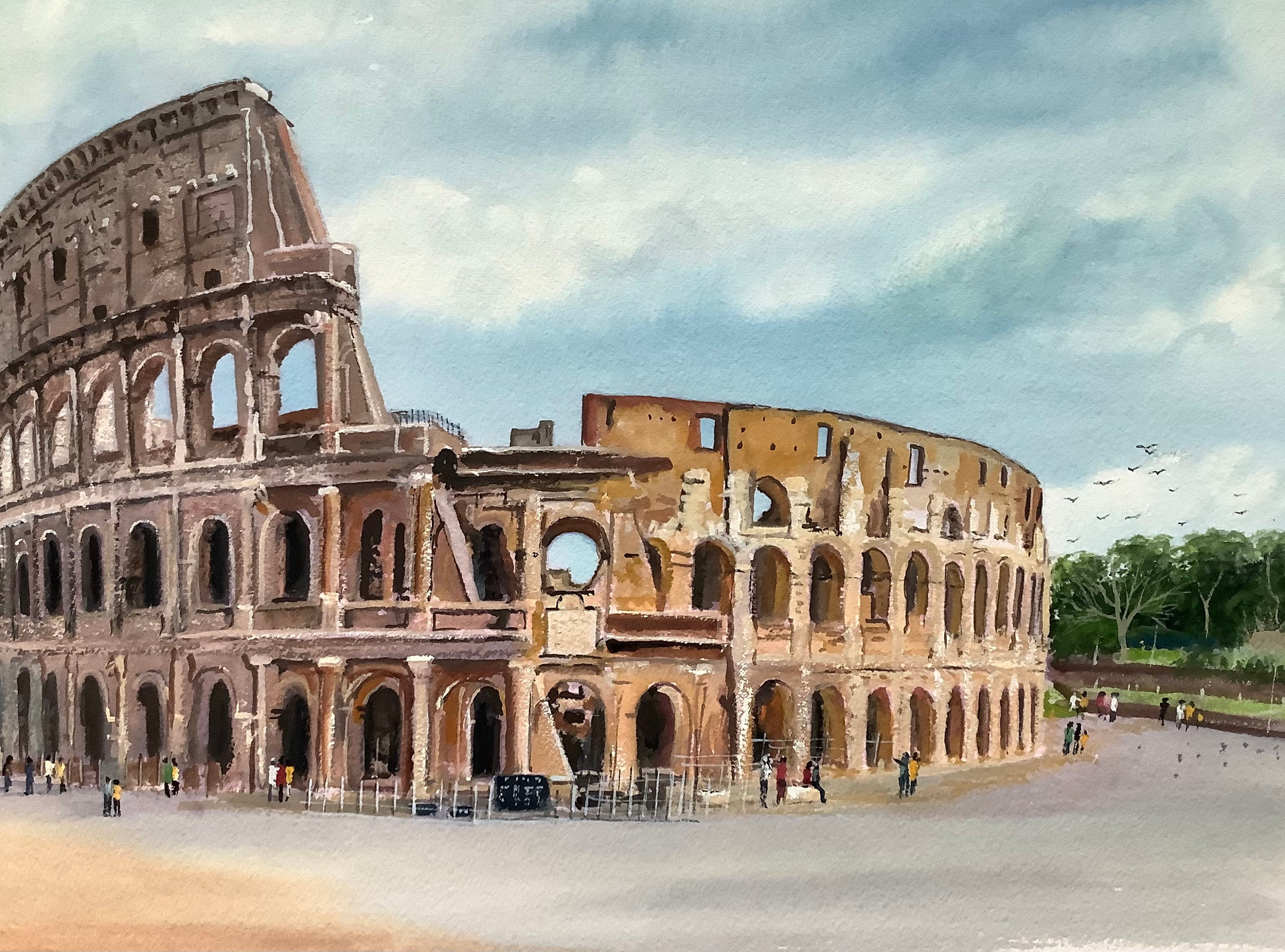 ローマのコロッセオのオリジナル水彩画、イタリアの都市風景、古代建築