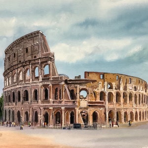 Colosseo romano dipinto originale acquerello scena di città italiana edificio antico