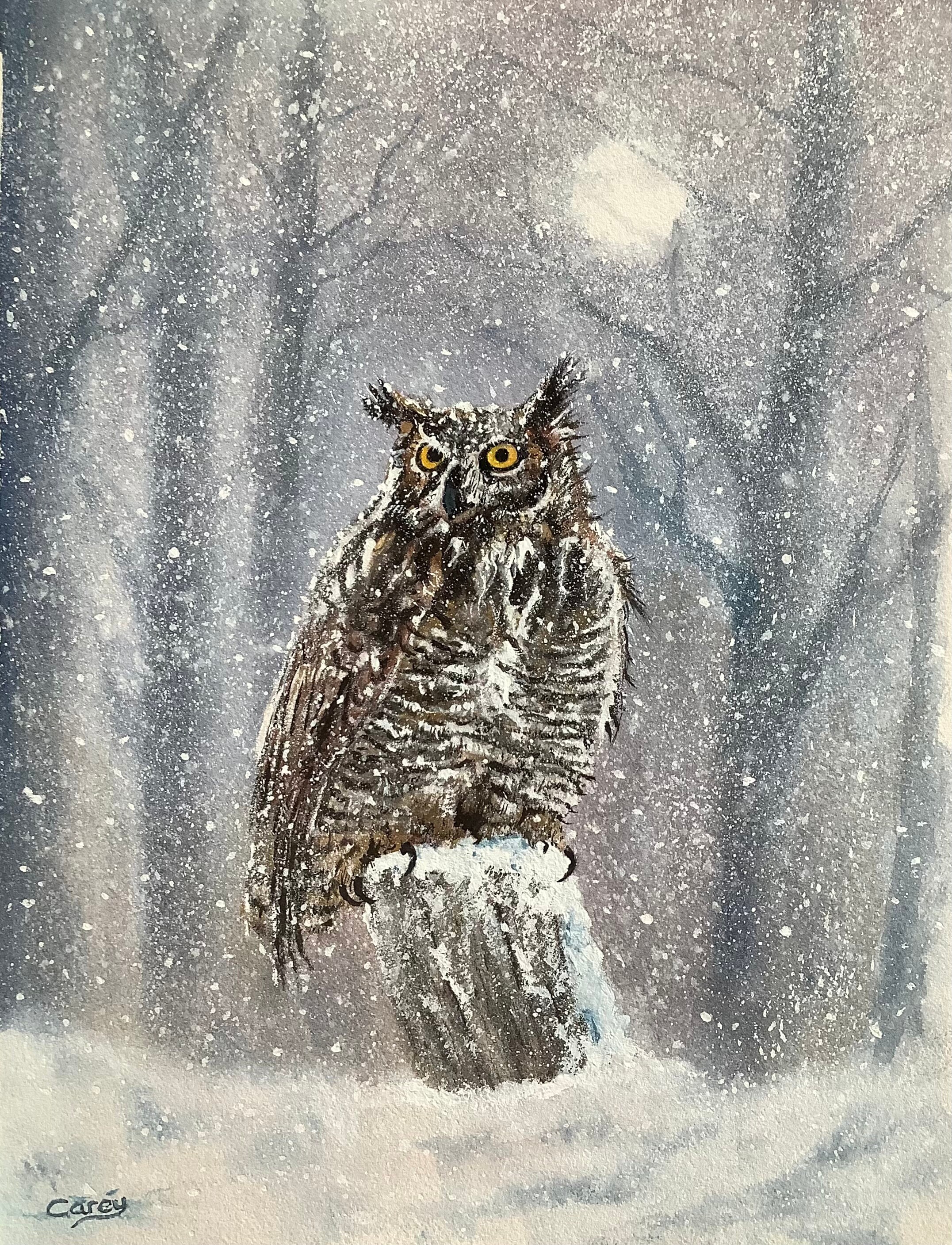 オリジナル水彩画「ミミズク」冬の雪景色（38 cm x 28 cm） - Etsy 日本