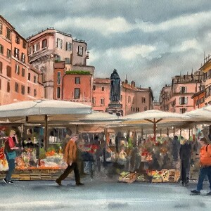 Dipinto originale ad acquerello Campo de Fiori, Roma Italia mercato Statua di Giordano Bruno