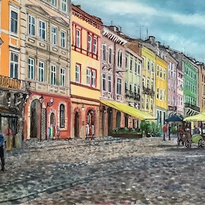 City Lviv Rynok square in Ukraine original watercolour city scene painting colourful houses