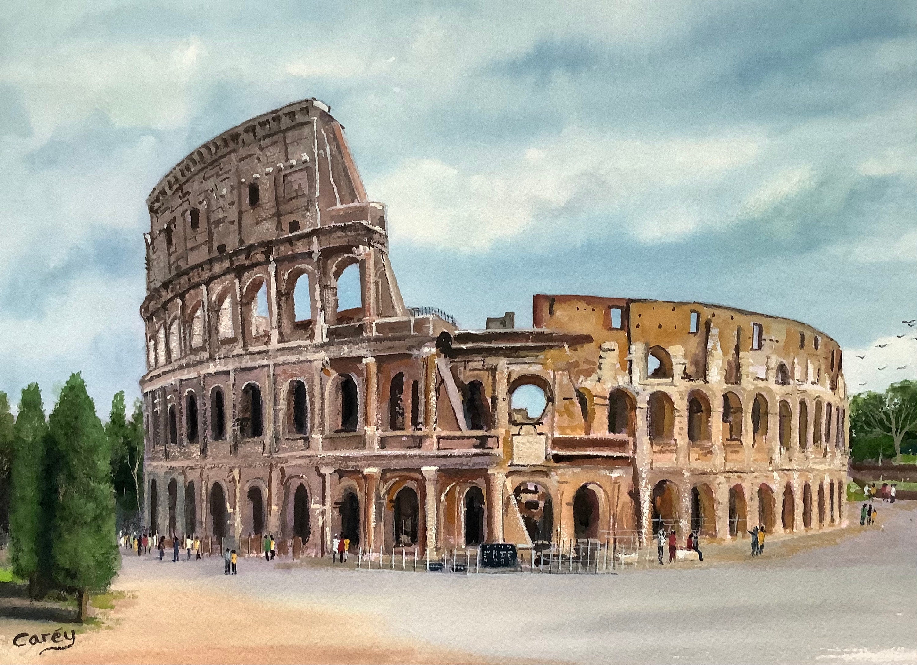 ローマのコロッセオのオリジナル水彩画、イタリアの都市風景、古代建築