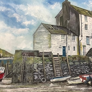 Cornwall Polperro Cornish fishing village original watercolour painting boats in harbour scene