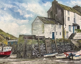 Cornwall Polperro Cornish fishing village original watercolour painting boats in harbour scene