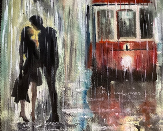 オリジナル水彩画 雨の中の路面電車 恋人たちのキス 夜景 - Etsy 日本