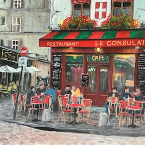 Dipinto originale ad acquerello di un caffè parigino, raffigurante una scena di un caffè francese, Le Consulat.