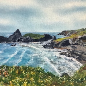 Original watercolour painting Kynance Cove, Cornwall seascape coastal scene