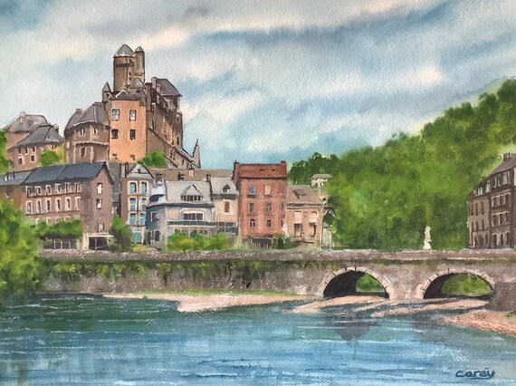 フランスの中世の町、川にかかる橋のオリジナル水彩画 - Etsy 日本