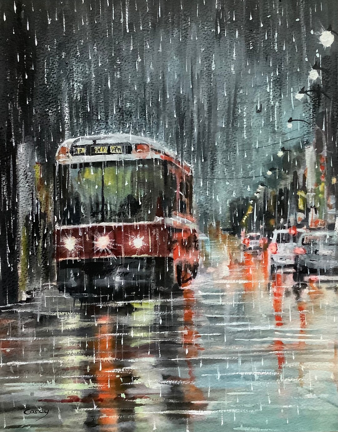 【18％OFF】 トロント・レイン・トラムの雨の街並みのオリジナル水彩画 絵画