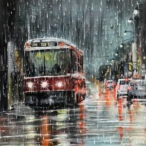 Toronto Rain Tram rainy cityscape original watercolour painting