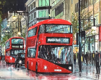 May include: A red double-decker bus with the words "Marble Arch" and "159" on the front. The bus is driving down a street in London, England. The street is lined with buildings and there are people walking on the sidewalk.