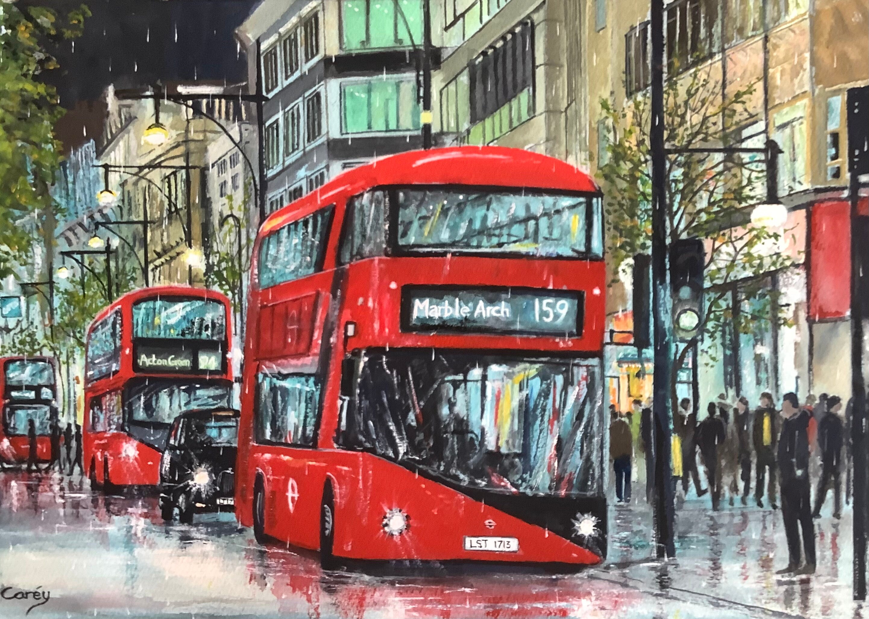 London Oxford St City Scene Red Bus Original Watercolour Painting