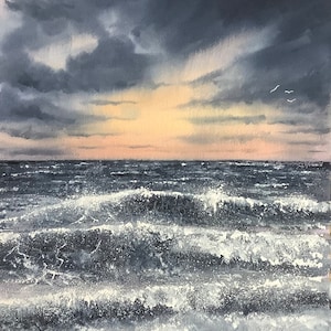 Seascape rough seas Storm clouds, original watercolour painting sunset