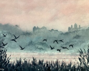 絵画「薄氷の朝の鴨」　水彩画 絵画「薄氷の朝の鴨」 水彩画 - メルカリ