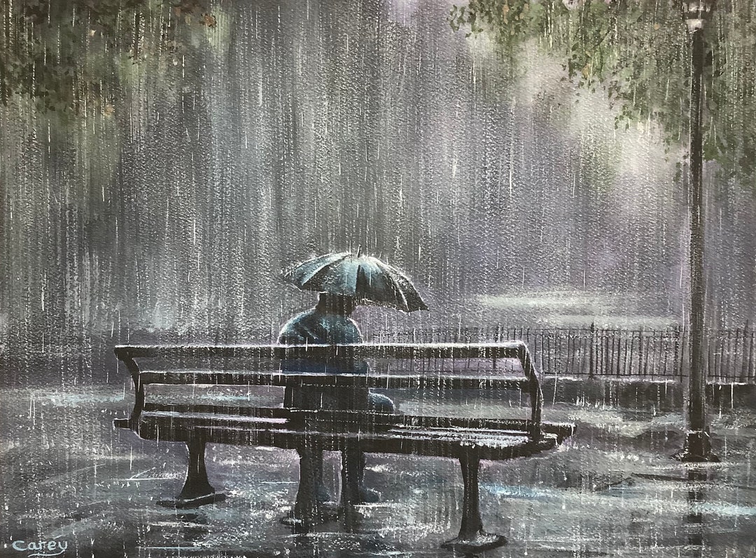 雨の夜、孤独な男の影 オリジナル水彩画 夜景 - Etsy 日本