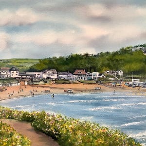 Original watercolour painting  Polzeath Cornwall coastal scene seascape beach and sea