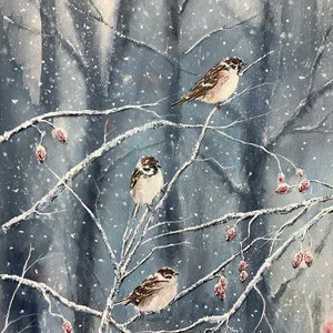 Mussen in de winter: origineel aquarelvogelschilderij (38 x 28 cm)