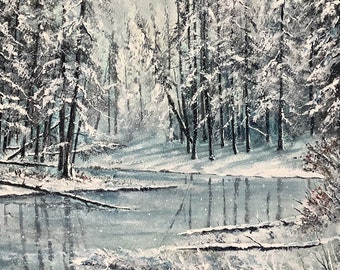 Winters landscape  original watercolour painting winter watercolour snowscape trees frozen river