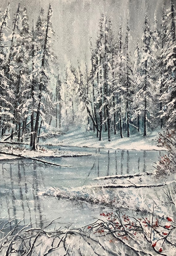 冬の風景、オリジナル水彩画、冬の水彩画、雪景色、木々、凍った