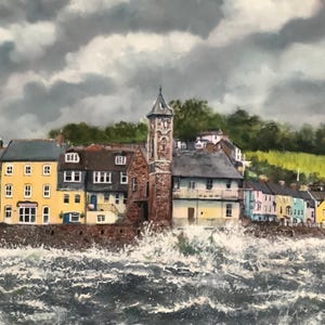 May include: An oil painting depicts a coastal town with colorful buildings under a stormy sky. Waves crash against a stone wall in the foreground. The buildings include a clock tower and various pastel-colored structures.