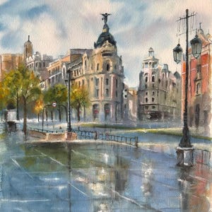 Original watercolour painting Madrid Reflections The Metrópolis Building Spain clouds buildings trees