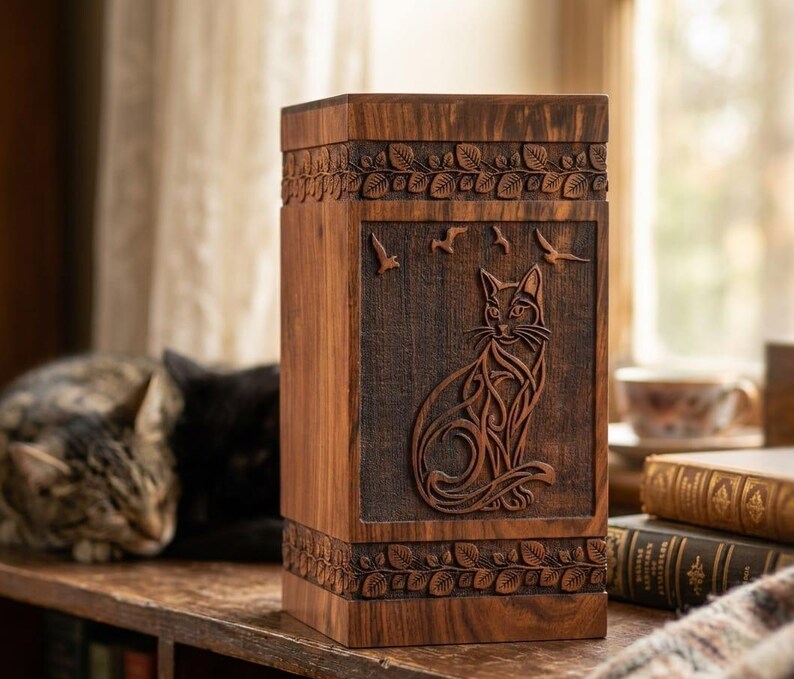 Hand Carved Wooden Cat Urn, Pet Memorial Box for Ashes, Custom Engraved ...