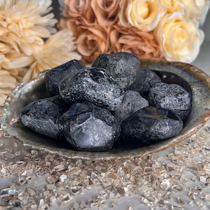 May include: A collection of polished black tourmaline stones nestled in a decorative, iridescent seashell. The stones have a rough, textured surface and are displayed against a backdrop of soft, neutral-toned flowers and scattered crystals.